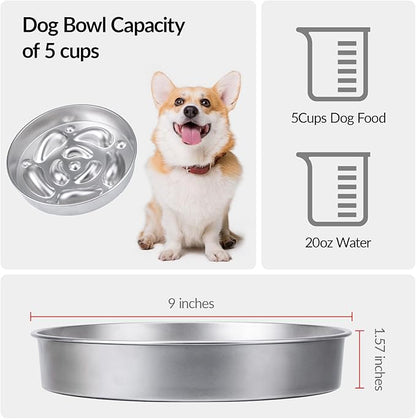 Metal Slow Feeder Dog Bowl, Food Grade Stainless Steel Dog Slow Feed Bowl with Non-Slip Base, 5 Cups Capacity Slowing Eating Pet Dishes Bowls for Puppy, Medium & Large Breed, Hound