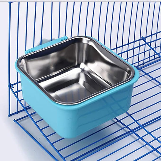 Love Dream Crate Dog Cat Bowls, Hanging Pet Cage Food Water Feeder with Removable Stainless Steel Bowls and Bolt Holder for Puppy Cat Rabbit Birds (Large, Blue)