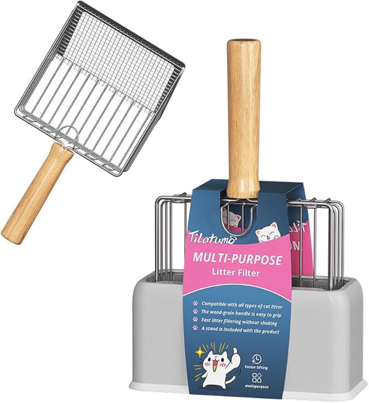 Cat Litter Scoo Easy Use Metal Litter Scoop with Comfortable Beech Wood Grip - One Easy to Clean Stand is Included