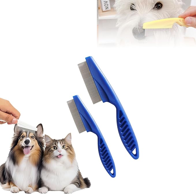 Multifunctional Pet Comb,2PCS New Pet Hair Removal Flea Comb for Dogs Cats,Grooming Brush Fine Magic Knot Remover,Fine-Tooth Stainless Cleaning Massage Brush for Puppies (Dark Blue)