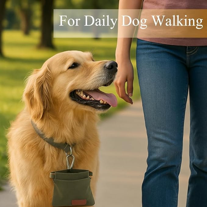 2Pcs Dog Treat Pouches for Pet Training, Hand Free Puppy Dogs Treat Bag with Carabiner, Portable Auto Closing Pet Dog Walking Bag for Travel or Outdoor Use, Pets Feed Snack Reward Pocket- Black, Green