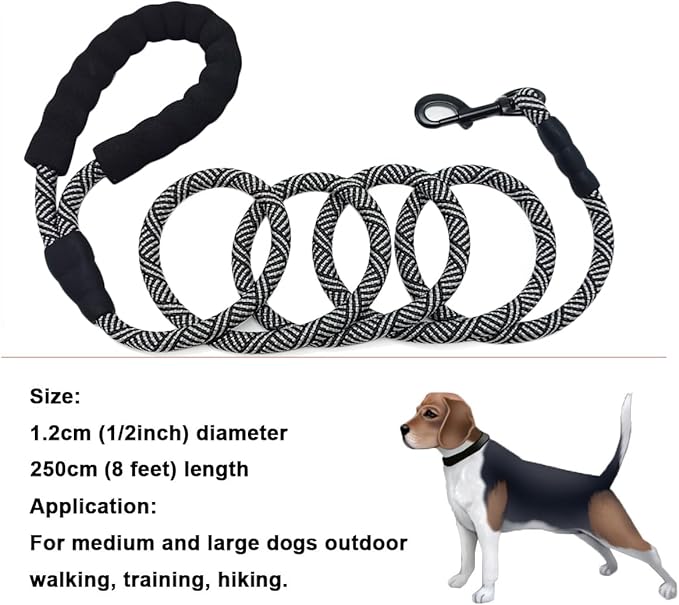MayPaw Heavy Duty Rope Dog Leash, 3/4/5/6/7/8/10/12/15/20 FT Nylon Pet Leash, Soft Padded Handle Thick Lead Leashes for Large Medium Dogs (Black, 1/2" * 8')