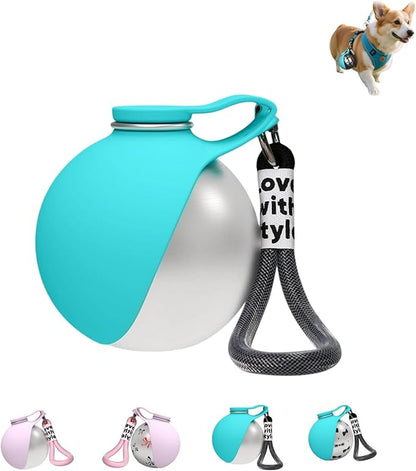 Ball-Shaped Dog Water Bottle, Stainless Steel Portable Pet Waterer with Food-Grade Foldable Silicone Bowl, Leak-Proof & Lightweight Puppy Drinking Flask for Walking, Hiking (C)