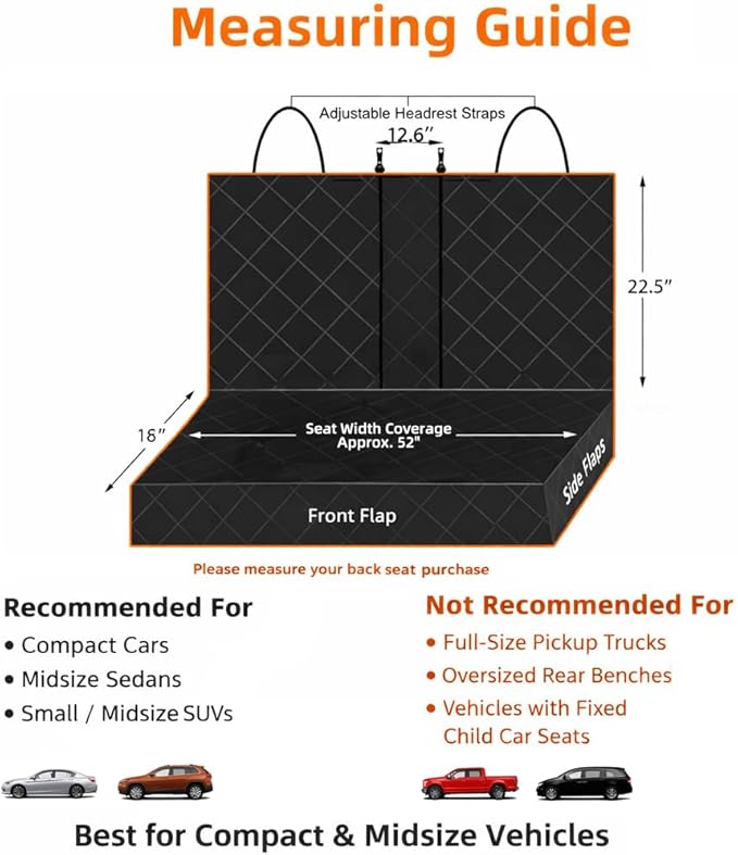 Bark Lover Dog Car Seat Cover for Back Seat, Waterproof Bench Backseat Protector, Nonslip Rear Seat Cover for Kids & Pets, Compatible with Middle Armrests, Fits Most Cars & Midsize SUVs