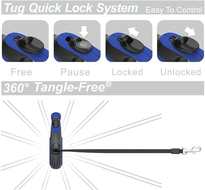 TUG 360° Tangle-Free Retractable Dog Leash with Anti-Slip Handle | 16 ft Strong Nylon Tape | One-Handed Brake, Pause, Lock (Medium, Blue)