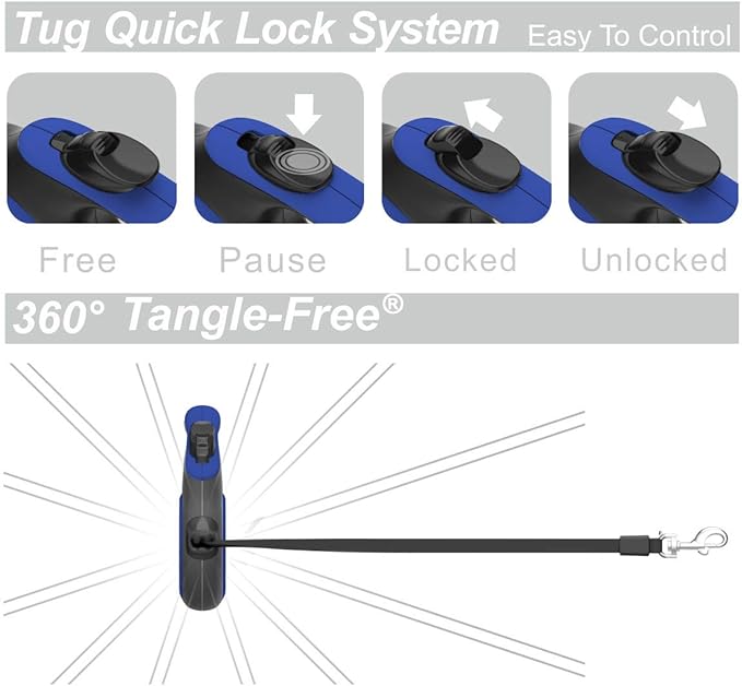 TUG 360° Tangle-Free Retractable Dog Leash with Waste Bag Dispenser (Medium, Blue)