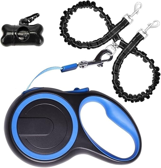 Dual Retractable Dog Leash for 2 Dogs (Blue) - 16ft Heavy Duty Leash with One Button Lock & 360° Tangle-Free Design, for Medium/Large Dogs up to 110lbs/50kg