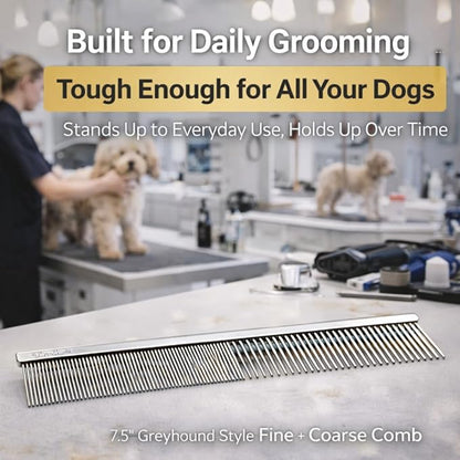Warren London Copper Greyhound Style Everyday Dog Comb – 7.5" Professional Grooming Comb with Rounded Pins, Fine & Coarse Teeth, Smooth Glide Detangling & Coat Finishing Comb