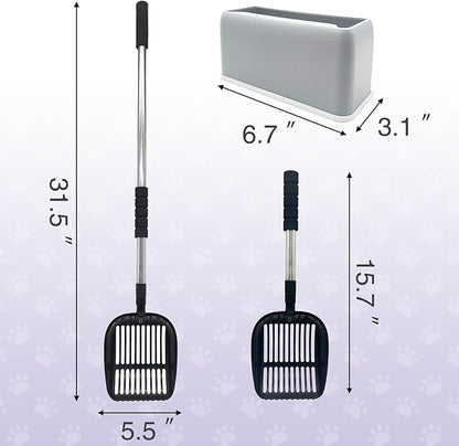 PINVNBY Cat Litter Scooper, Long Handle Litter Sifter Scoop with Litter Scoop Holder Stainless Steel Kitten Scooper Deep Kitty Litter Scooper with Box Metal Detachable Sifting Litter Shovel Set