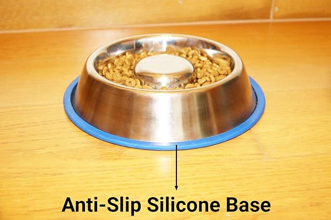 Mr. Peanut's Stainless Steel Interactive Slow Feed Dog Bowl with a Blue Silicone Base, Fun Healthy Bloat Stop Feeder (Medium)