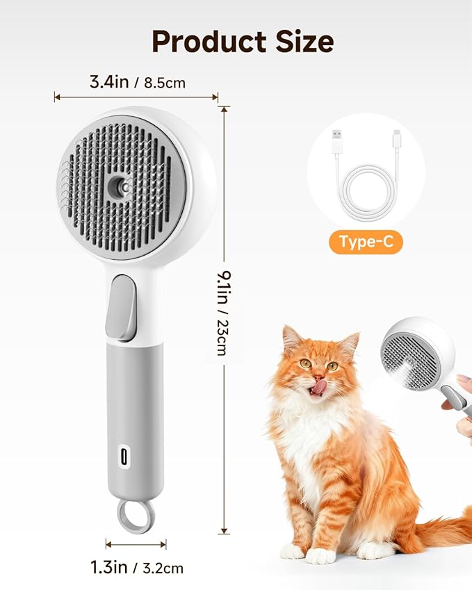 Pet Spray Brush for Cats & Dogs, 3-in-1 Grooming Tool with Cool Mist, 2-Speed Spray Settings, Removes Dander & Deshedding, One-Touch Self-Cleaning Hair Brush, for Long Short Hair Pets