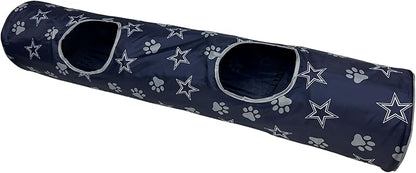 NFL Dallas Cowboys Cat Tunnel Tube Toy with Plush Football Catnip and Feathers Collapsible Tunnel for Cats to Play, Peek and Hide, Sporty & Fun Cat Tunnel Toy with Team Logo All-Over Design!