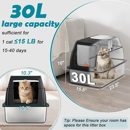 SZEE XL Stainless Steel Litter Box with Lid, Extra Large Metal Covered Litter Box, Stainless Box Easy Clean, Activated Charcoal Odor Control Design, Includes Litter Scoop & Mat & Step, Black
