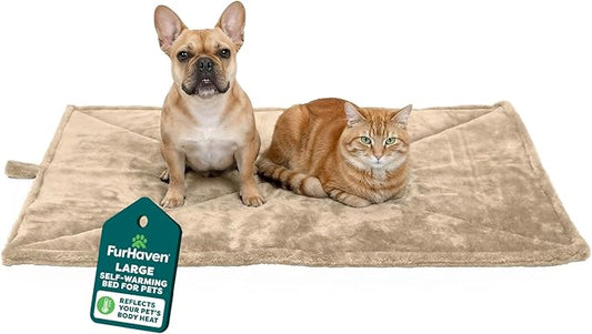 Furhaven ThermaNAP Self-Warming Cat Bed for Indoor Cats & Large/Medium Dogs, Washable & Reflects Body Heat - Quilted Faux Fur Reflective Bed Mat - Cream, Large