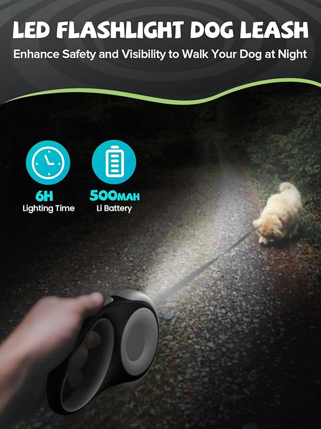 Retractable Dog Leash with LED Flashlight, Douexio Upgrade 3 in 1 Dog Leash Retractable for Small Medium Dogs Up to 66 lbs, 16ft, Anti-Slip Handle,One-Handed Brake (White)