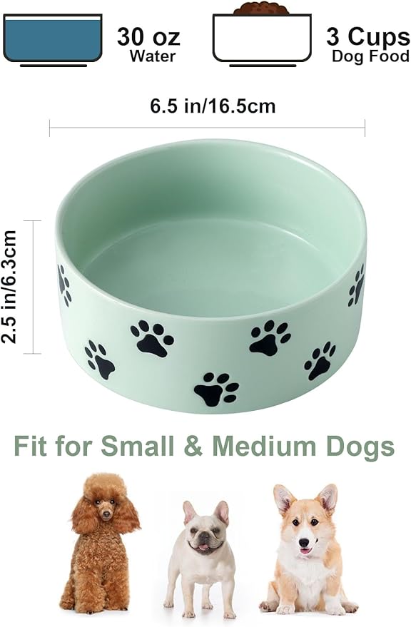 6.5 Inch Green Ceramic Dog Bowl with Paw Print Pattern - Porcelain Wide Mouth Dog Food or Water Bowls, Large Feeding Pet Bowls for Indoor Medium Sized Dogs, for Wet or Dry Food