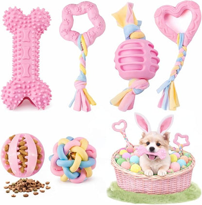Pink Puppy Toys, 6- Pack Teething Chew Toys, Soft Durable Rubber Teething Toys for Puppies Small Breeds, Eco-Friendly, Interactive Puppy Chew Toys for Small Dogs, (Basket not Included)
