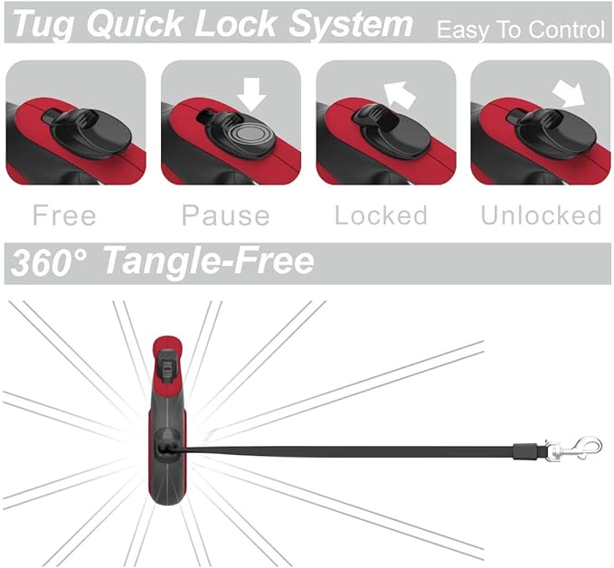TUG 360° Tangle-Free Retractable Dog Leash with Waste Bag Dispenser (Small, Red)