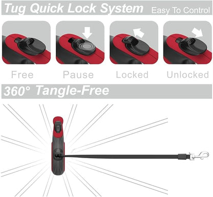 TUG 360° Tangle-Free Retractable Dog Leash with Waste Bag Dispenser (Small, Red)