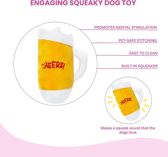 Glow Pups Dog Beer Toy, Plush Squeaky Beer Mug Dog Toy Dogs, Fun Alcohol Pet Toys, Engaging and Interactive, Machine Washable, Multicolor Plush