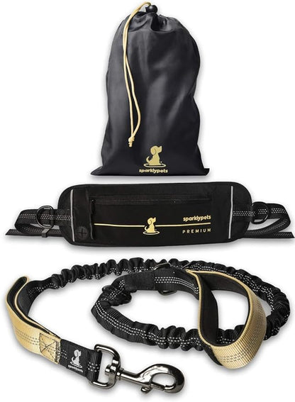 SparklyPets Hands Free Dog Leash for Medium and Large Breeds – Professional Harness with Reflective Stitches for Training, Walking, Jogging and Running Your Pet (Premium Gold Champagne, for 1 Dog)