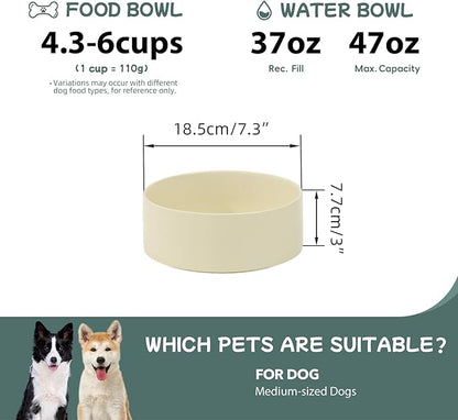 Ceramic 7.3inch Dog Bowl, Food and Water Bowl for Medium Breed Dog, Pet Feeder for Replacement (Single Bowl, Light Yellow)