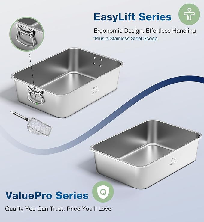 Stainless Steel Metal Litter Box with Handle, Extra Large Cat Litter Box with High Sides, Odor-Free, Non-Stick, Easy to Clean, 23.4"×15.6"×5.9", Ideal for Large Cats & Multi-Cat Households