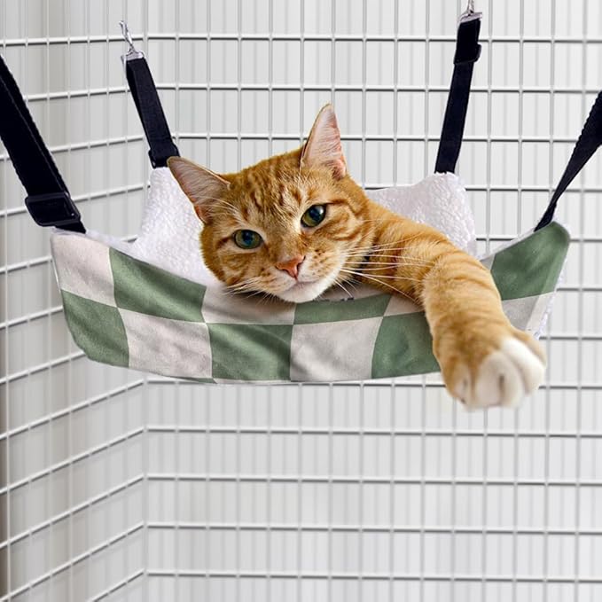 WIRESTER Reversible Cat Hanging Hammock 22.8 x 18.9 Inch, Pet Cage Hammock Bed with Adjustable Straps, Soft Sleeping Hammock for Cat, Ferret, Puppy Dog, Rabbit, Small Animals - Sage Green Checkerboard