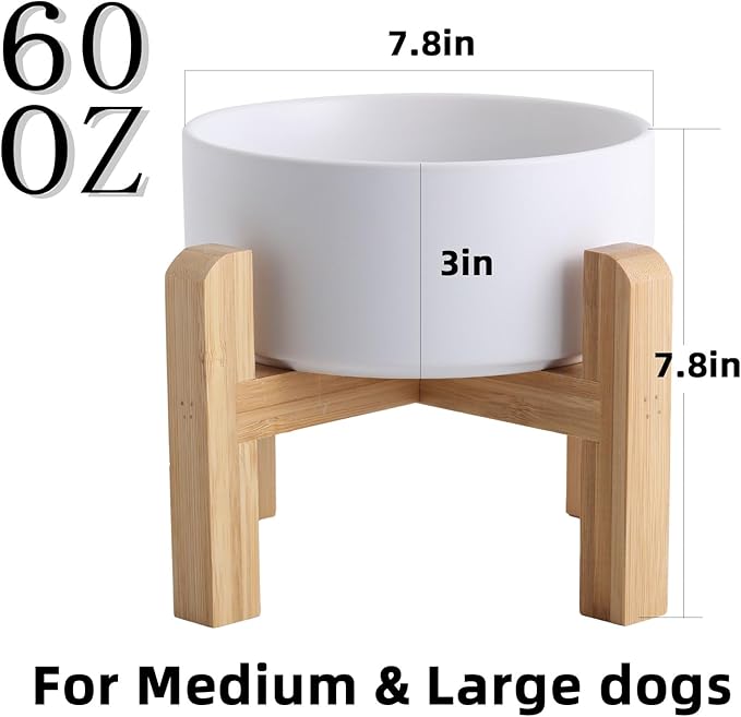 Elevated/Raised Ceramic Dog Bowl with Bamboo Stand,8 inch 7.6 Cups Non-Slip Heavy-Weighted Single Pet Dish,Reduces Neck Strain White