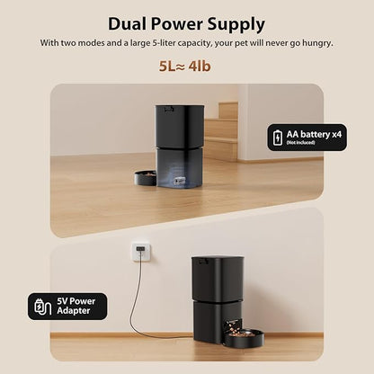 Automatic Cat Feeder 5G WiFi, Automatic Pet Feeder with APP Remote Control, 5L Cat Dry Food Dispenser Dual Power,10 Meals Programmable 1-15 Portion Control Auto Dog Feeders for Cats,Puppy