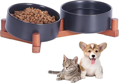 Ceramic Dog Bowl and Cat Bowls Set with 15° Adjustable Wood Stand, Non-Slip Weighted Pet Food and Water Bowls, Dual Raised Feeder for Small Dogs, Matte Glaze Pet Dish 13.5oz Set of 2 (Matte Black)
