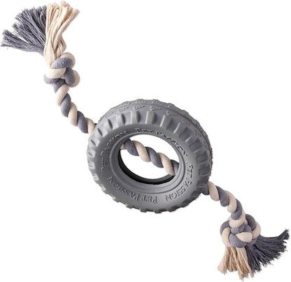 Natural Rubber Tire and Organic Cotton Rope Pull and Chew Dog Toy for All Pet Breeds, Gray, Large