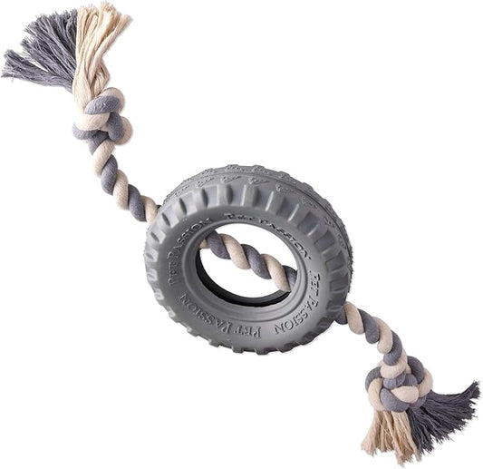 Natural Rubber Tire and Organic Cotton Rope Pull and Chew Dog Toy for All Pet Breeds, Gray, Medium