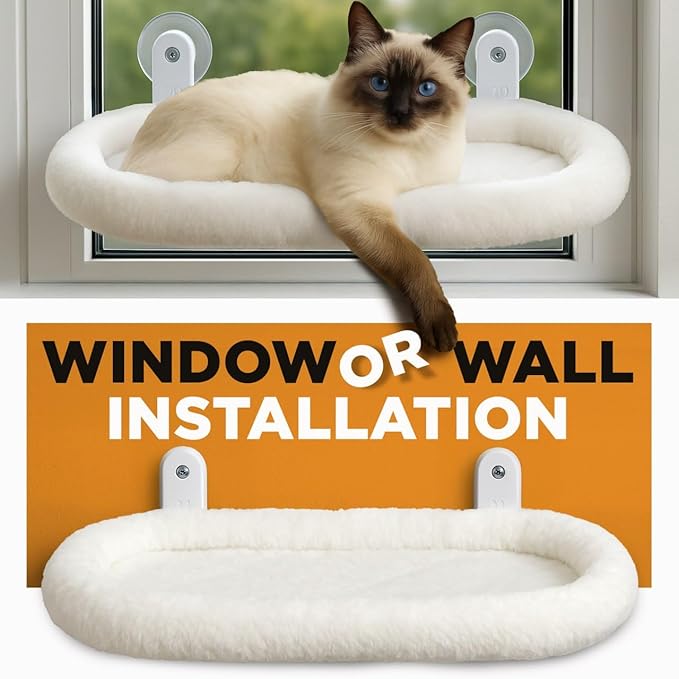 Cat Window Perch – Strong 6 Suction Cup Foldable Cat Hammock Bed for Large Cats and Kittens that Holds up to 50 lbs with Washable Reversible Cover, Sturdy Metal Frame for Window (White)