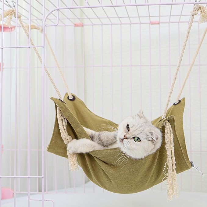Breathable Linen Cat Hammock with Cotton Ropes in Clean Solid Colors, Minimalist Design for Cages Machine Washable (Pink)