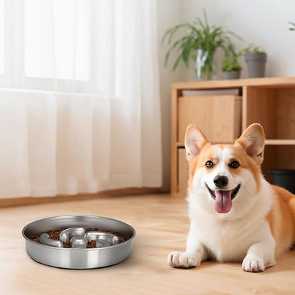 Slow Feeder Dog Bowl, 8.7 inch Stainless Steel Heavy Duty with Non-Slip Base Puzzle Maze Dog Food Bowls for Medium, Large Breed Size Dogs to Slow Down Eating