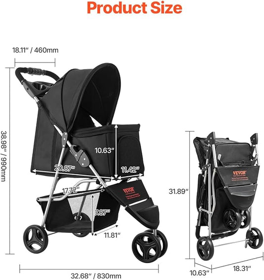 VEVOR Pet Stroller, 35 lbs Weight Capacity, Foldable Dog Cart, 3 Wheels Cats Carts with Mesh Windows and Cup Holders, Portable Pet Carrier Stroller with Brake, for Small to Medium Pets
