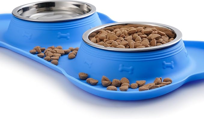 Hubulk Pet Dog Bowls 2 Stainless Steel Dog Bowl with No Spill Non-Skid Silicone Mat + Pet Food Scoop Water and Food Feeder Bowls for Feeding Small Medium Large Dogs Cats Puppies (Medium, Blue)