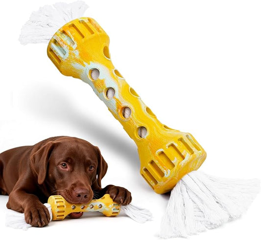 Indestructible Dog Toys for Aggressive Chewers, Rubber Rope Dog Chew Toys for Teething for Medium/Large Dogs, Interactive Dog Toys to Keep Them Busy Outdoors, Cream Flavor, Yellow/White