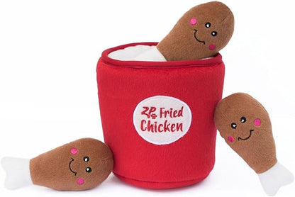 ZippyPaws Burrow- Interactive Dog & Puppy Toys for Boredom, Stimulating Pet Products to Keep Them Busy, Hide & Seek Plush Puzzles, Squeaky Toy for Enrichment, for Small & Medium Dogs- Chicken Bucket