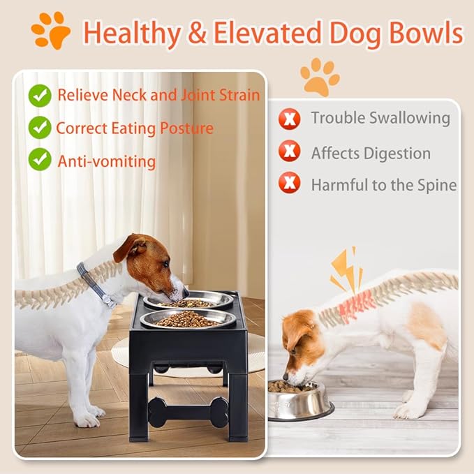 Marchul Elevated Dog Bowls, Raised Dog Food Water Bowls with 2 Thick Stainless Steel Bowls, 4 Height Adjustable, Non-Slip Stand for Medium Large Dogs