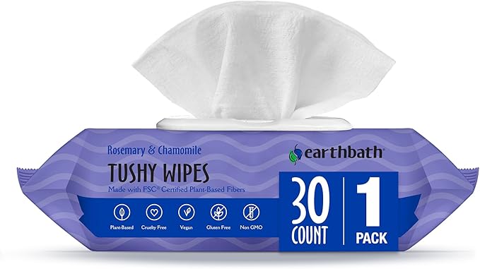 earthbath, Rosemary & Chamomile Tushy Wipes - Dog Wipes for Paws and Butt, Pet Wipes for Dogs & Cats, Made in USA, Cruelty-Free Dog Cleaning Wipes, Helps Neutralize Odors - 30 Count (1 Pack)