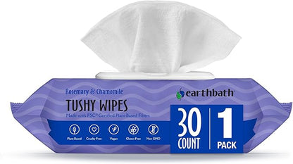 earthbath, Rosemary & Chamomile Tushy Wipes - Dog Wipes for Paws and Butt, Pet Wipes for Dogs & Cats, Made in USA, Cruelty-Free Dog Cleaning Wipes, Helps Neutralize Odors - 30 Count (1 Pack)