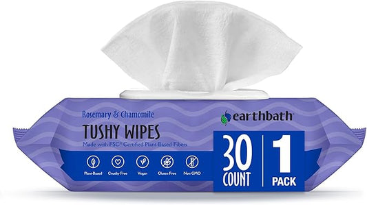 earthbath, Rosemary & Chamomile Tushy Wipes - Dog Wipes for Paws and Butt, Pet Wipes for Dogs & Cats, Made in USA, Cruelty-Free Dog Cleaning Wipes, Helps Neutralize Odors - 30 Count (1 Pack)