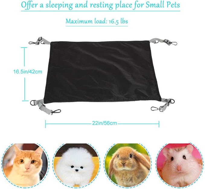 Hanging Cat Hammock, Pet Hammock for Cage, Adjustable Cat Bed Two Sides Comfortable/Waterproof Resting Sleepy Pad for Cats Small Dogs Rabbits or Other Small Animals (Black) (Black, 22 x 16.5)