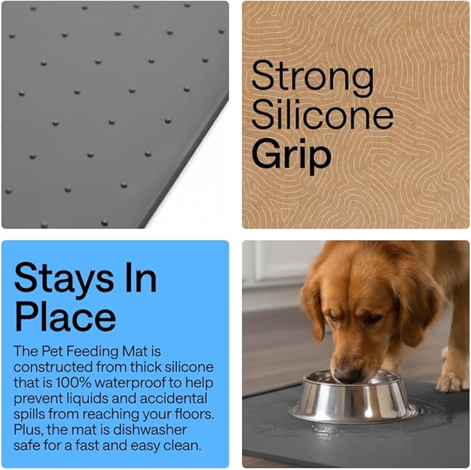 GORILLA GRIP 100% Waterproof Raised Edge BPA Free Silicone Pet Feeding Mat, Dog Cat Food Mats Contain Spills Protects Floors, Placemats for Cats and Dogs Water Bowl, Pets Accessories 16x10, Charcoal