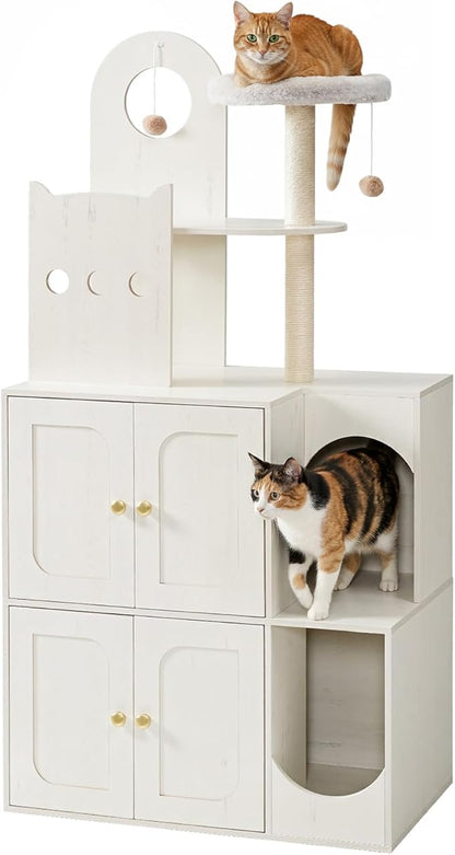 HOOBRO Cat Litter Box Enclosure Furniture for 2 Cats, 2 in 1 Hidden Litter Box Furniture with Sisal Scratching Posts and Dangling Balls, Double Litter Box Cabinet with Cat Tree, Indoor Cat House White