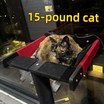 Cat Window Perch with Scratching Post Strong Supported - Large Hammock Bed for Cats Inside - Solid Wood Seat, Soft Cushion - Rustic Indoor Cat Tree Shelf for Sunbathing (Black, Large 2)