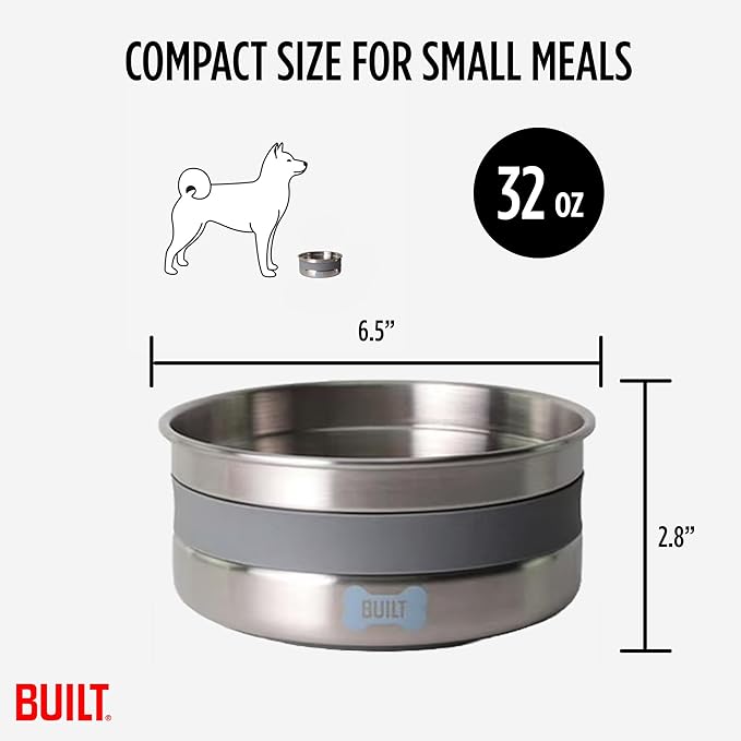 BUILT 38 Oz Dog Bowl - Non-Skid Pad & Soft Grip Ring - Double Wall Stainless Steel, BPA-Free, Non-Porous & Rust-Resistant - Pet Food & Water Bowl for Dogs & Cats - Heavy Duty (Grey)