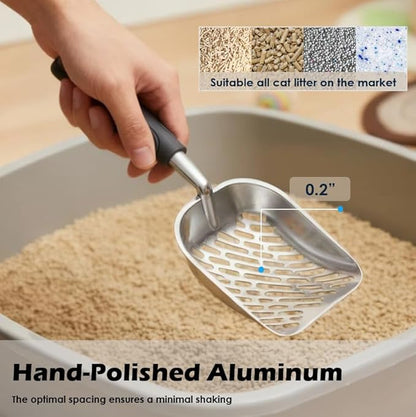 Heavy-Duty Metal Cat Litter Scoop with Holder, Aluminum Cats Litter Scooper Captures All Clumps, Kitty Metal Scooper and Holder (White)